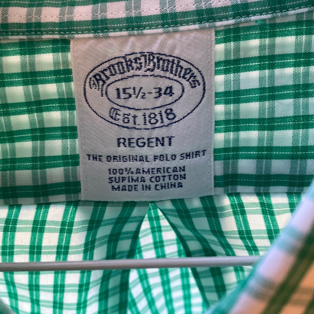 Brooks Brothers Dress Shirt Men 15 1/2 - 34 Twill Check Green/White